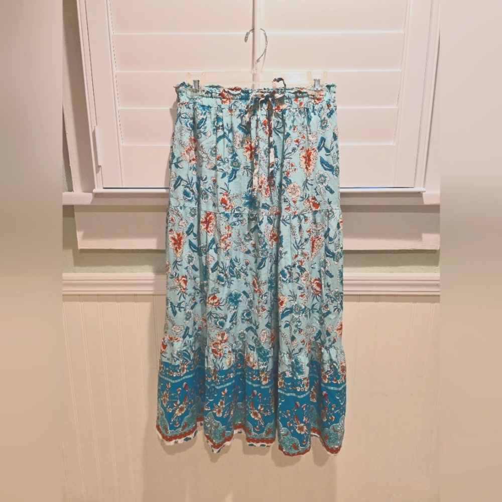 MEROKEETY Women's Boho Floral Print Elastic High Waist Pleated A Line Maxi Skirt